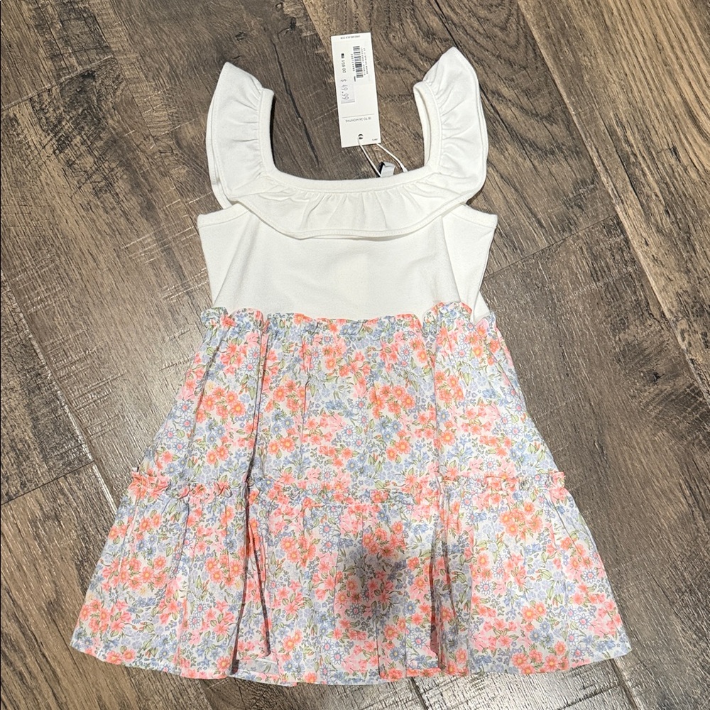 NWT Janie and Jack Cream Ruffle Shoulder Dress with Floral Skirt 18-24M